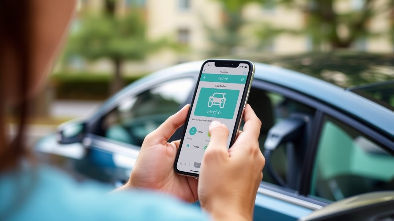 Eine Nahaufnahme einer Person, die eine Smartphone-App benutzt, um ein Elektroauto zu mieten.